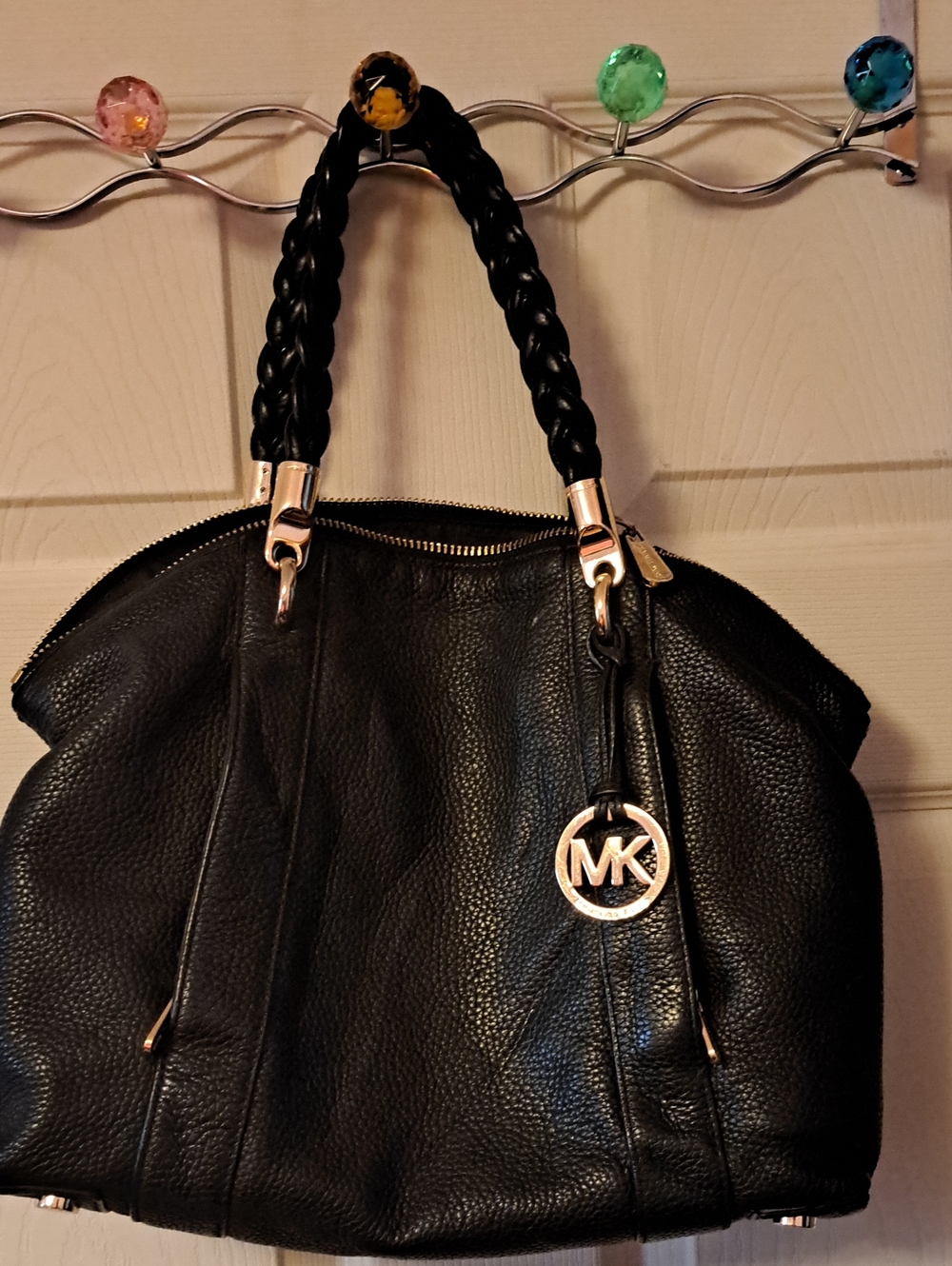 Michael Kors Black Pebbled Leather Shoulder Tote with Braided Handles